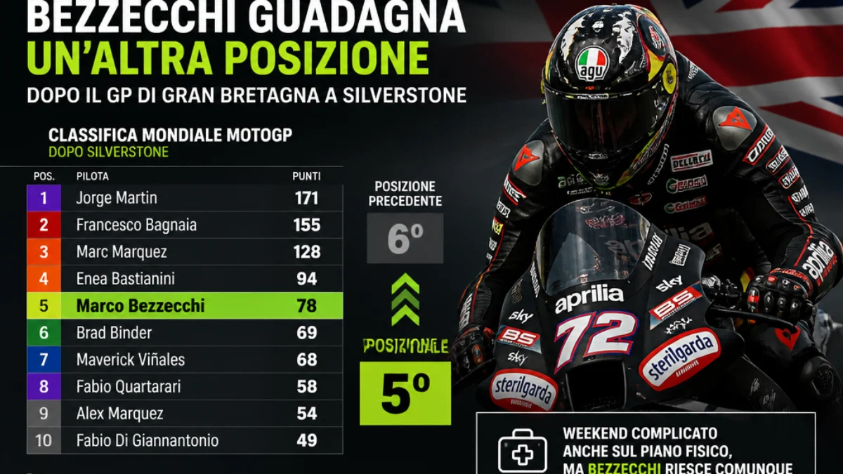 Marco Bezzecchi guadagna un’altra posizione nella classifica del Mondiale MotoGP dopo il Gran Premio di Gran Bretagna a Silverstone.
