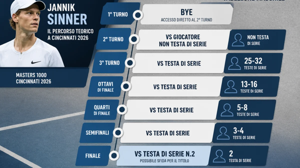 Infografica del possibile percorso di Sinner a Cincinnati tra bye e fasce di teste di serie