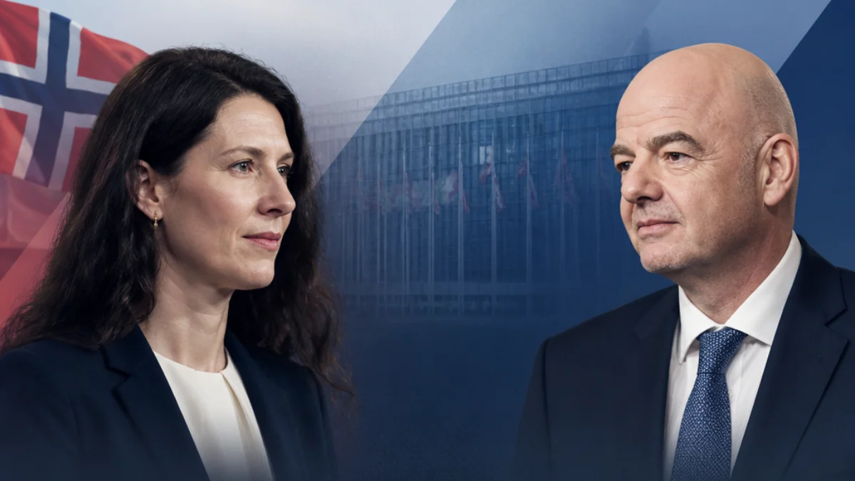 Illustrazione editoriale sul confronto tra Lisa Klaveness e Gianni Infantino