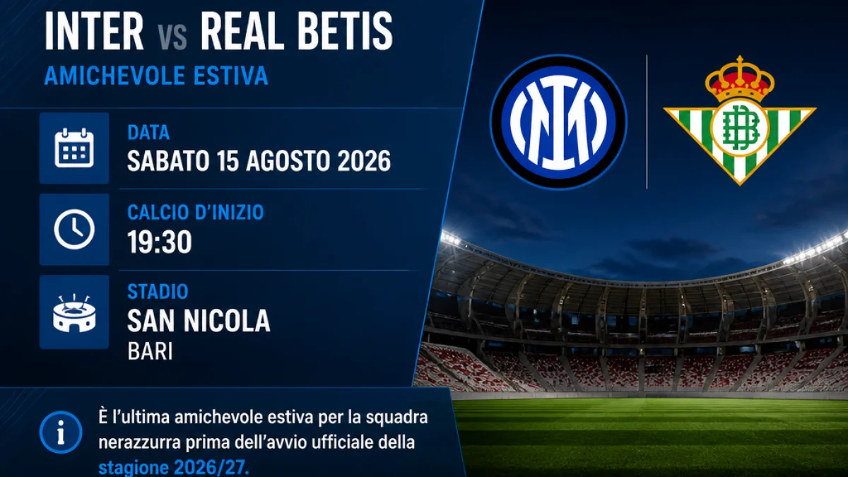 Inter-Real Betis si gioca sabato 15 agosto 2026 allo stadio San Nicola di Bari, con calcio d’inizio fissato alle 19:30.